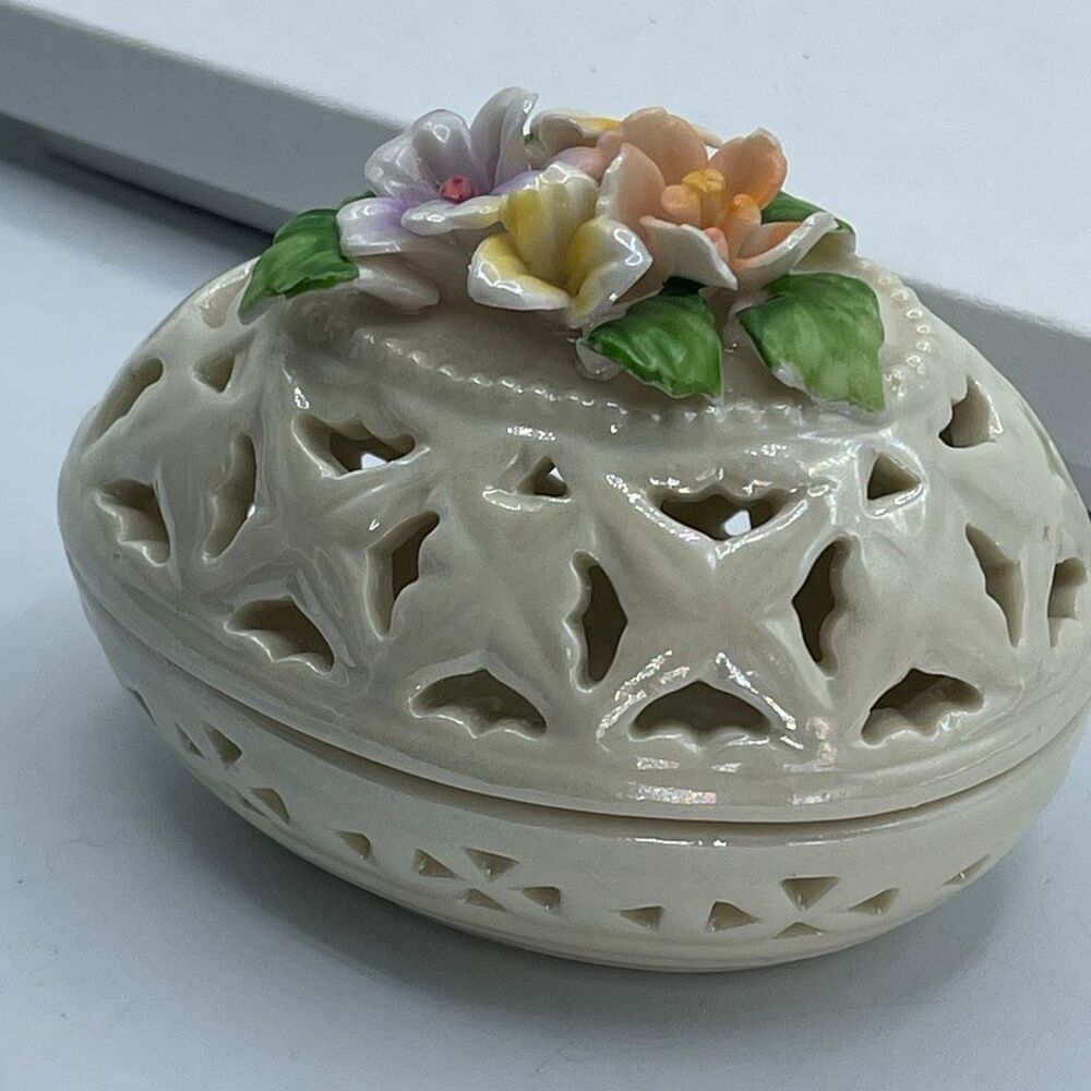 Vintage Cream Lusterware floral cut out design Easter Egg trinket box.